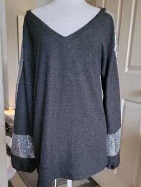 Lovely Melody Charcoal V-Neck Sweater with Sequin Sleeve Panels